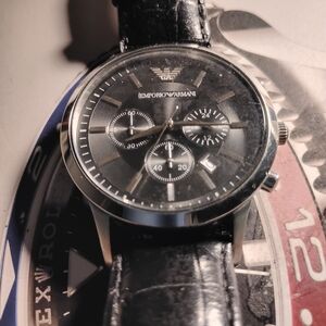 Emporio Armani Black Dial Silver Case Black Leather Strap Chronograph Watch
